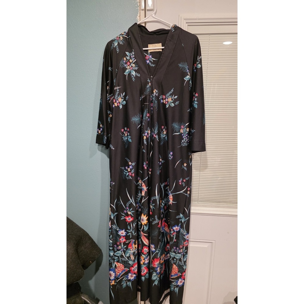 VTG TV Loungers Black Zip Robe HouseCoat Night Dress Caftan 70s SzL Asain Floral